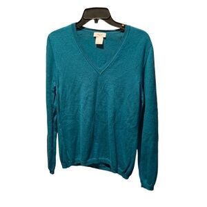 Kate Hill Merino Wool V-neck Sweater Teal PL